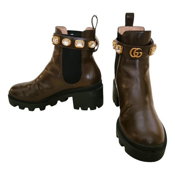 Gucci Shoes - Gucci Brown Leather Crystal GG Trip Chelsea Ankle Boots Logo 8 38 550036